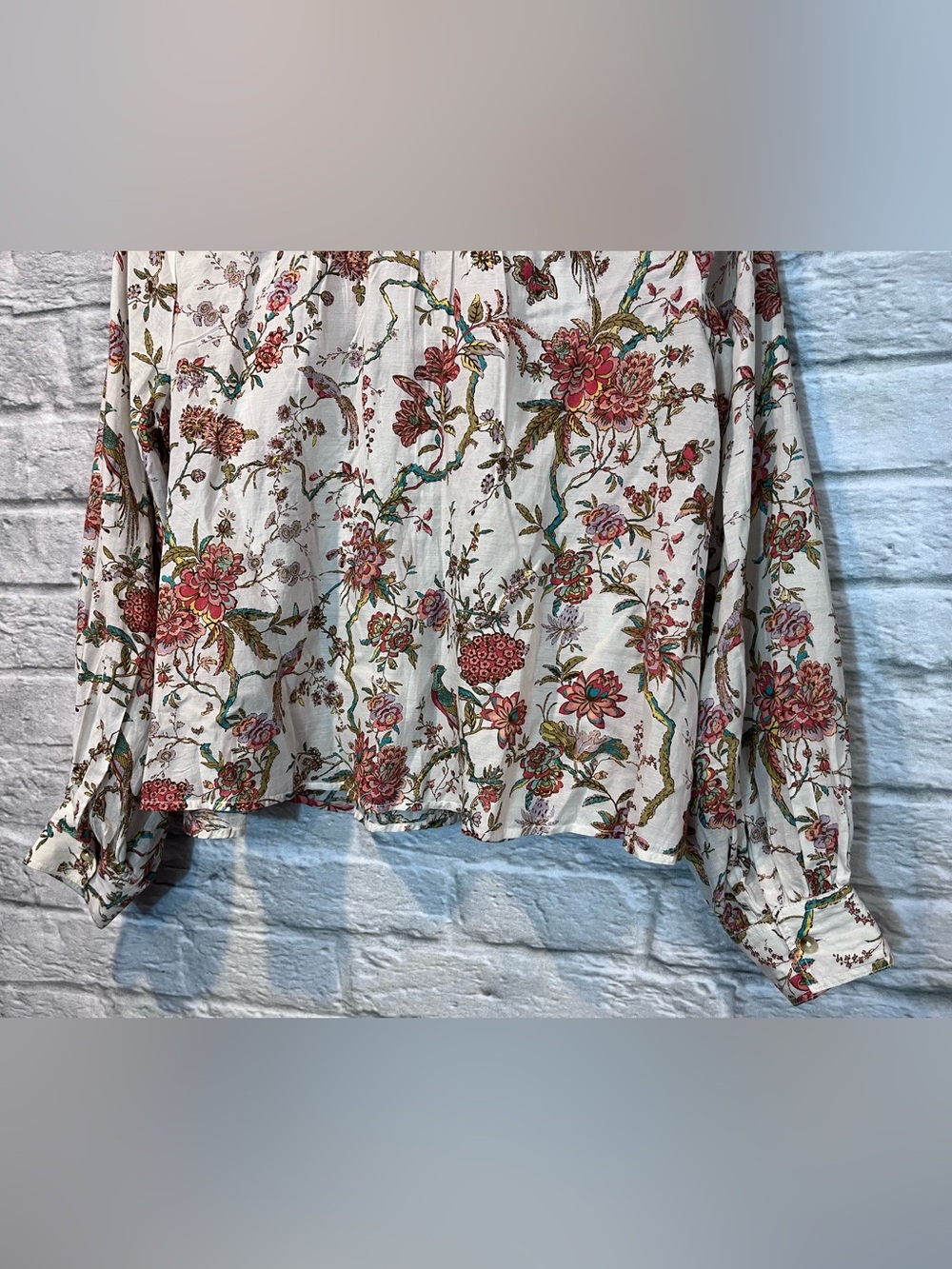 Anthropologie Pilcro Large - Jolie Pleated Peasant Blouse - Floral Peacocks - Picture 7 of 13